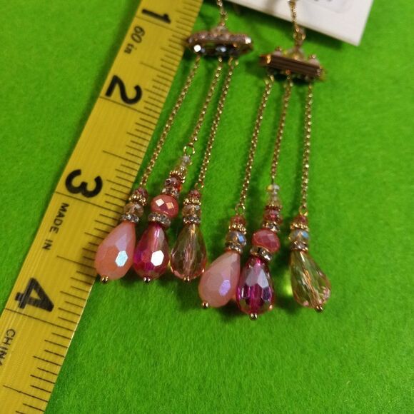 NWT Macy's Gold tone Dangling Pink Beaded Earrings - Picture 2 of 5